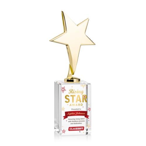 Corporate Awards - Crystal Awards - Crystal Star Awards - Tuscany Gold Full Color Clear on Lexington Base Star Metal Award