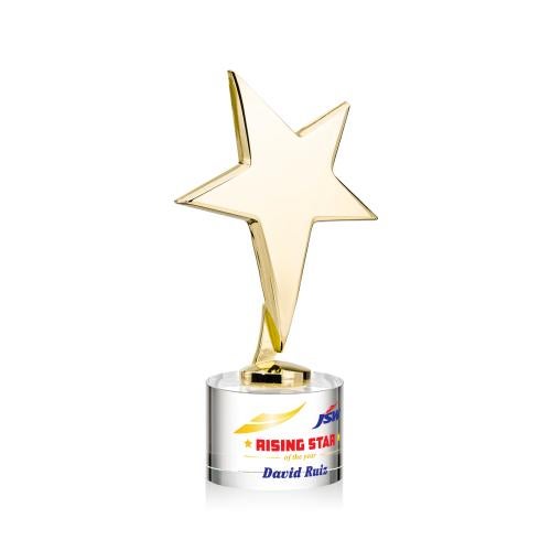 Corporate Awards - Crystal Awards - Crystal Star Awards - Tuscany Gold Full Color Clear on Marvel Base Star Metal Award