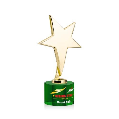 Corporate Awards - Crystal Awards - Crystal Star Awards - Tuscany Gold Full Color Green on Marvel Base Star Metal Award