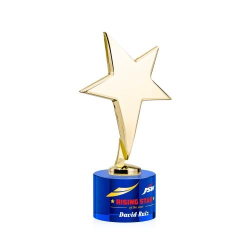 Corporate Awards - Crystal Awards - Crystal Star Awards - Tuscany Gold Full Color Blue on Marvel Base Star Metal Award