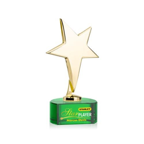 Corporate Awards - Crystal Awards - Crystal Star Awards - Tuscany Gold Full Color Green on Paragon Base Star Metal Award