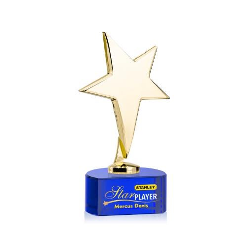 Corporate Awards - Crystal Awards - Crystal Star Awards - Tuscany Gold Full Color Blue on Paragon Base Star Metal Award