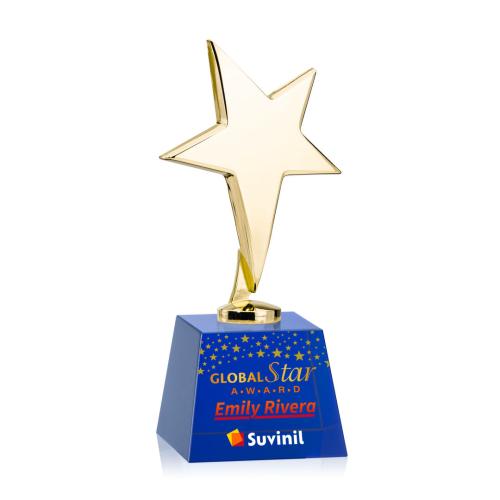 Corporate Awards - Crystal Awards - Crystal Star Awards - Tuscany Gold Full Color Blue on Robson Base Star Metal Award