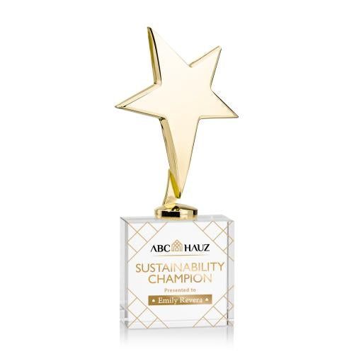 Corporate Awards - Crystal Awards - Crystal Star Awards - Tuscany Gold Full Color Clear on Woodlawn Base Star Metal Award