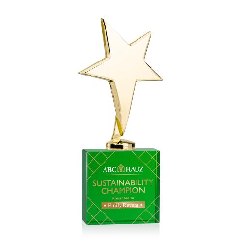 Corporate Awards - Crystal Awards - Crystal Star Awards - Tuscany Gold Full Color Green on Woodlawn Base Star Metal Award