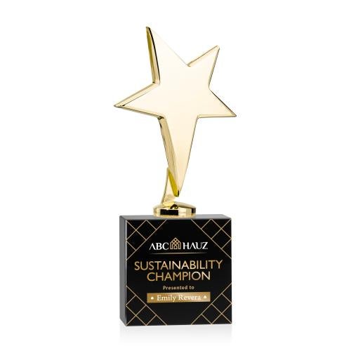 Corporate Awards - Crystal Awards - Crystal Star Awards - Tuscany Gold Full Color Black on Woodlawn Base Star Metal Award