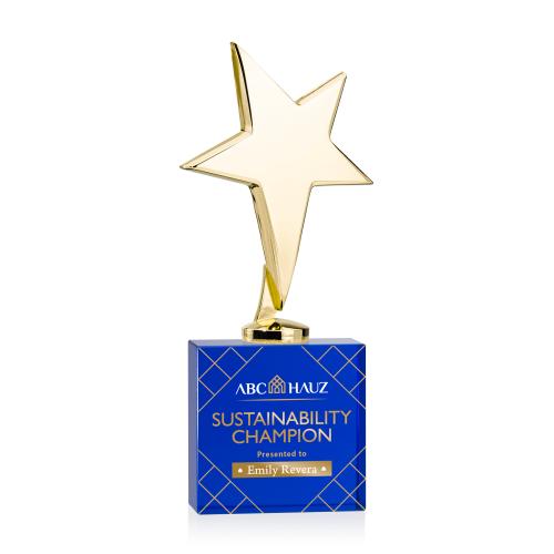 Corporate Awards - Crystal Awards - Crystal Star Awards - Tuscany Gold Full Color Blue on Woodlawn Base Star Metal Award