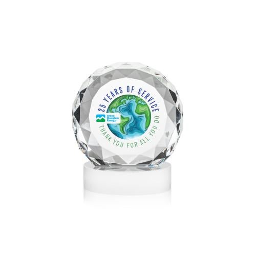 Corporate Awards - Crystal Awards - Seville Full Color White on Alberton Base Circle Crystal Award