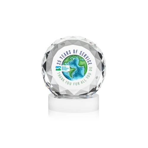 Corporate Awards - Crystal Awards - Seville Full Color White on Alberton Base Circle Crystal Award