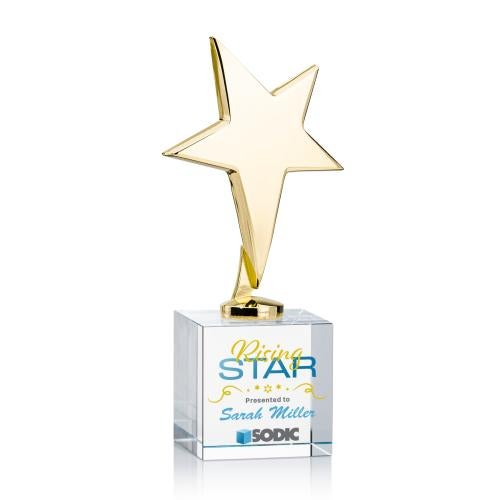 Corporate Awards - Crystal Awards - Crystal Star Awards - Tuscany Gold Full Color Clear on Granby Base Star Metal Award