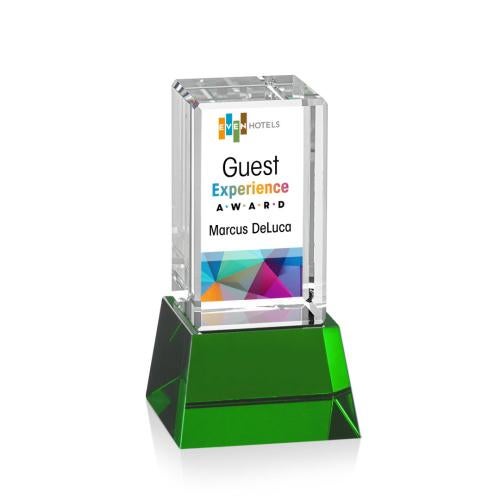 Corporate Awards - Crystal Awards - Robson Full Color Green on Base Obelisk Crystal Award