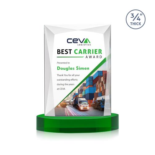 Corporate Awards - Crystal Awards - Messina Full Color Green on Alberton Base Rectangle Crystal Award