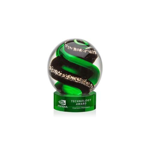 Corporate Awards - Glass Awards - Art Glass Awards - Zodiac Green on Stanrich Base Spheres Glass Award