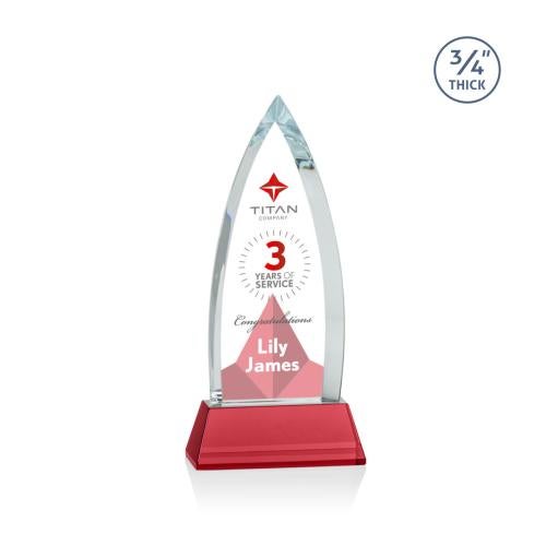 Corporate Awards - Crystal Awards - Colored Crystal - Red Crystal Awards - Shildon Full Color Red on Newhaven Arch & Crescent Crystal Award