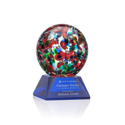 Corporate Awards - Glass Awards - Art Glass Awards - Fantasia Blue on Sheffield Base Spheres Glass Award