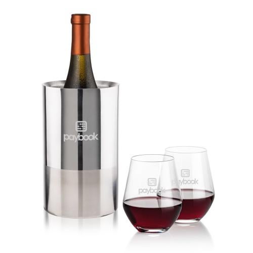 Corporate Recognition Gifts - Etched Barware - Catania Wine Cooler & Reina Stemless Wine Set