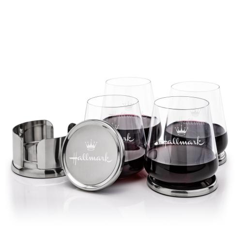 Corporate Recognition Gifts - Etched Barware - Baldoni Coasters & Breckland Stemless Wine Set