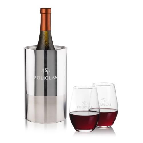 Corporate Recognition Gifts - Etched Barware - Catania Wine Cooler & Vale Stemless Wine Set