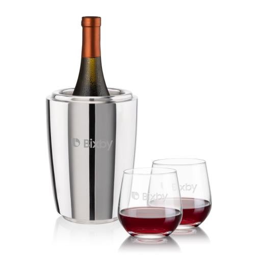 Corporate Recognition Gifts - Etched Barware - Pescara Wine Cooler & Garland Stemless Wine Set