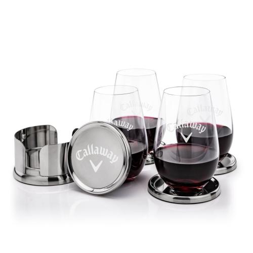 Corporate Recognition Gifts - Etched Barware - Baldoni Coasters & Boston Stemless Wine Set