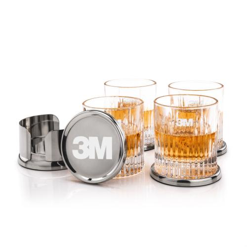 Corporate Recognition Gifts - Etched Barware - Baldoni Coasters & Caldari On-the-Rocks Set