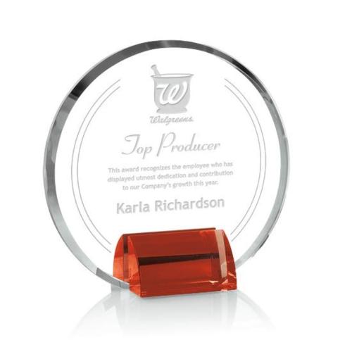 Corporate Awards - Crystal Awards - Colored Crystal - Olympia Red Circle Crystal Award