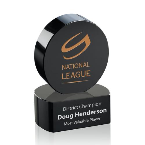 Corporate Awards - Glass Awards - Hockey Puck Black on Base Circle Crystal Award