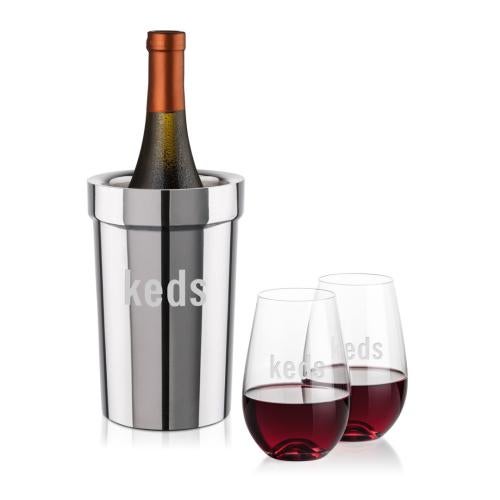 Corporate Recognition Gifts - Etched Barware - Milano Wine Cooler & Boston Stemless Wine Set