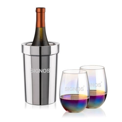 Corporate Recognition Gifts - Etched Barware - Milano Wine Cooler & Miami Stemless Wine Set