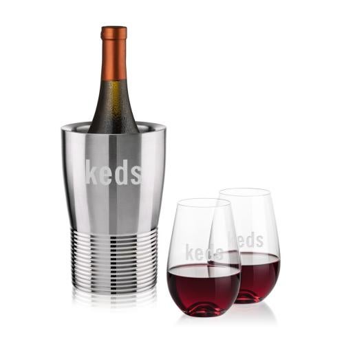 Corporate Recognition Gifts - Etched Barware - Genoa Wine Cooler & Boston Stemless Wine Set