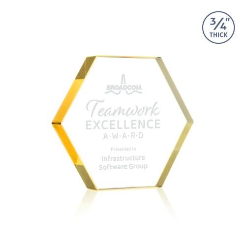 Corporate Awards - Crystal Awards - Gilford Hexagon Gold Crystal Award