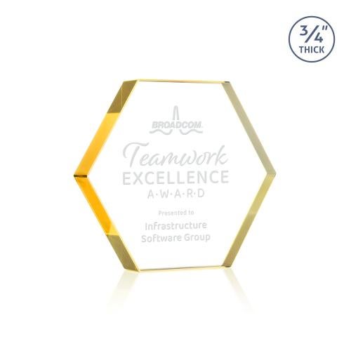 Corporate Awards - Crystal Awards - Gilford Hexagon Gold Crystal Award