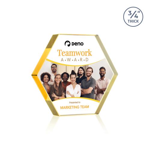 Corporate Awards - Crystal Awards - Gilford Hexagon Full Color Gold Crystal Award