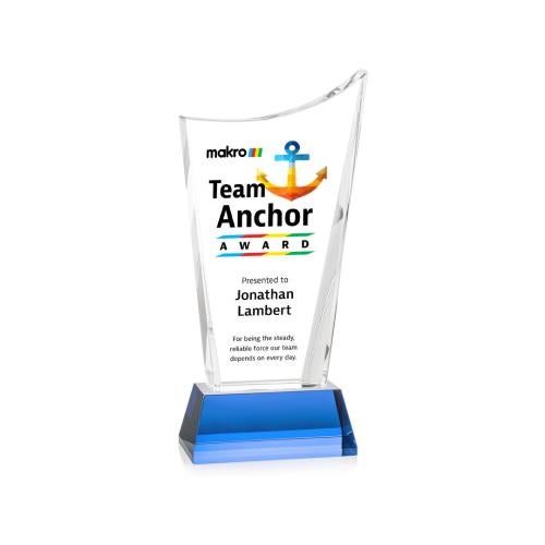 Corporate Awards - Crystal Awards - Burnett Full Color Sky Blue on Newhaven Base Peak Crystal Award