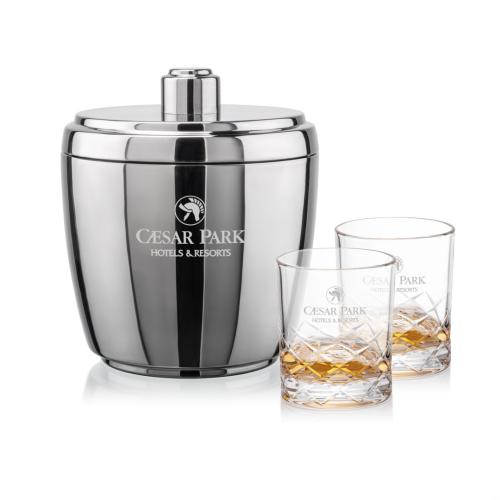 Corporate Recognition Gifts - Etched Barware - Pescara Ice Bucket & Brentwood On-the-Rocks Set
