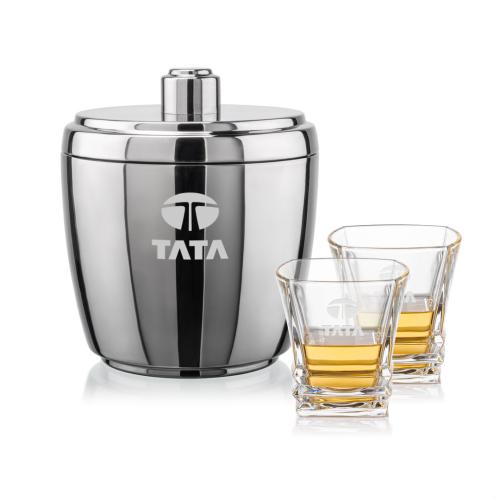 Corporate Recognition Gifts - Etched Barware - Pescara Ice Bucket & Bentley On-the-Rocks Set