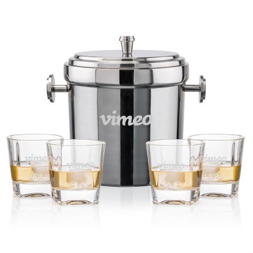 Corporate Recognition Gifts - Etched Barware - Milano Ice Bucket & Kansas On-the-Rocks Set