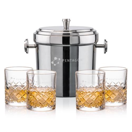 Corporate Recognition Gifts - Etched Barware - Milano Ice Bucket & Longford On-the-Rocks Set