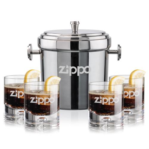 Corporate Recognition Gifts - Etched Barware - Milano Ice Bucket & Montana On-the-Rocks Set