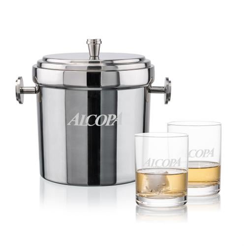 Corporate Recognition Gifts - Etched Barware - Milano Ice Bucket & Monterey On-the-Rocks Set