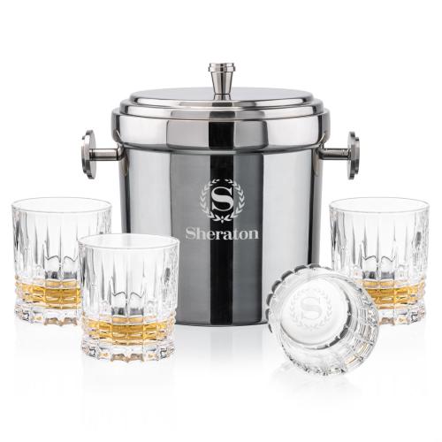 Corporate Recognition Gifts - Etched Barware - Milano Ice Bucket & Princeton On-the-Rocks Set