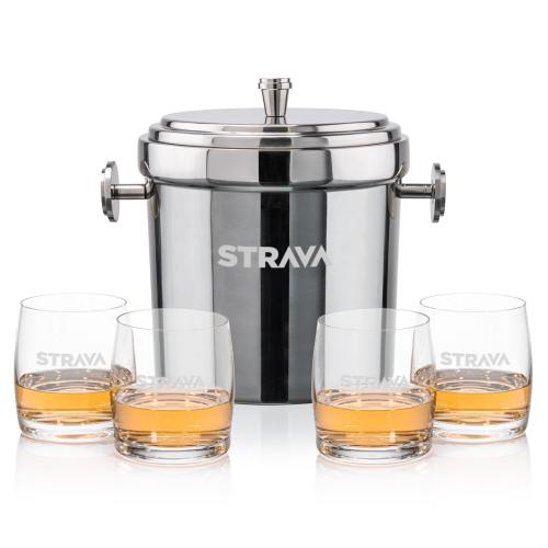 Corporate Recognition Gifts - Etched Barware - Milano Ice Bucket & Valemount On-the-Rocks Set