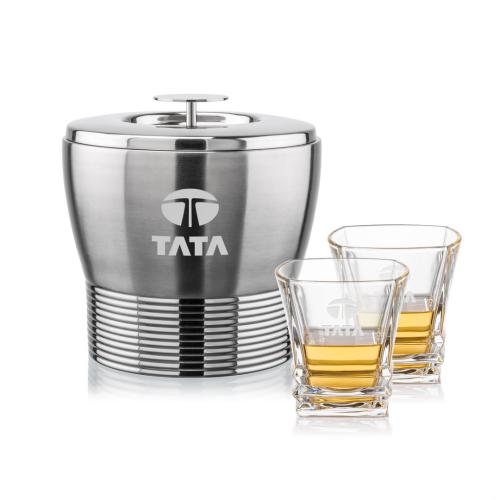 Corporate Recognition Gifts - Etched Barware - Genoa Ice Bucket & Bentley On-the-Rocks Set