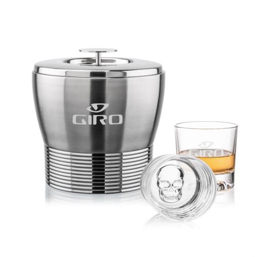 Corporate Recognition Gifts - Etched Barware - Genoa Ice Bucket & Delrina Skull On-the-Rocks Set