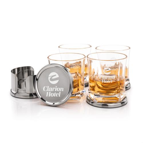 Corporate Recognition Gifts - Etched Barware - Baldoni Coasters & Avalon On-the-Rocks Set