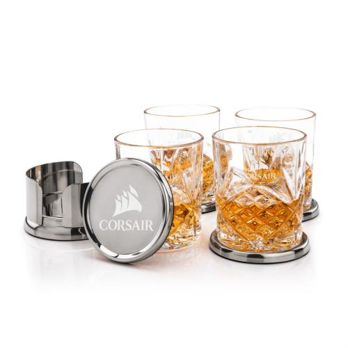 Corporate Recognition Gifts - Etched Barware - Baldoni Coasters & Brinkley On-the-Rocks Set