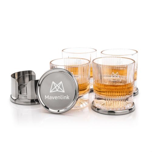 Corporate Recognition Gifts - Etched Barware - Baldoni Coasters & Blackwell On-the-Rocks Set