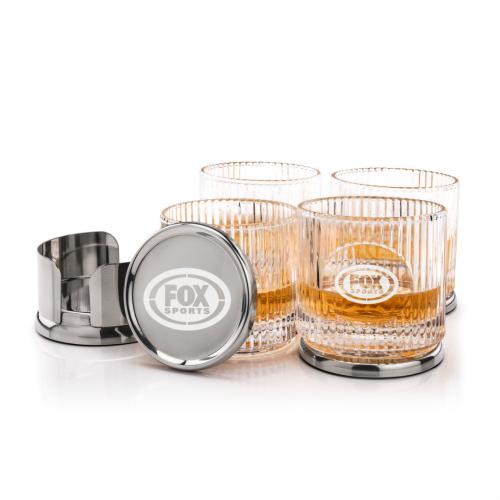 Corporate Recognition Gifts - Etched Barware - Baldoni Coasters & Dillard On-the-Rocks Set