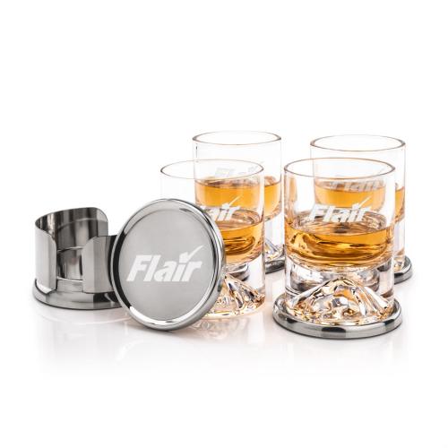 Corporate Recognition Gifts - Etched Barware - Baldoni Coasters & Denali On-the-Rocks Set