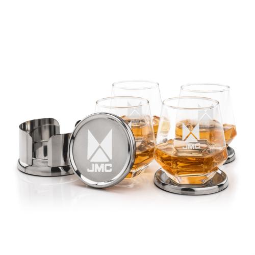 Corporate Recognition Gifts - Etched Barware - Baldoni Coasters & Hartsdale On-the-Rocks Set